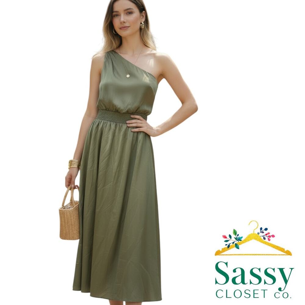 Nicole Miller Olive Green One Shoulder Gathered Midi Dress S